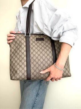 Gucci authentic large tote bag monogram coated canvas brown beige leather handle